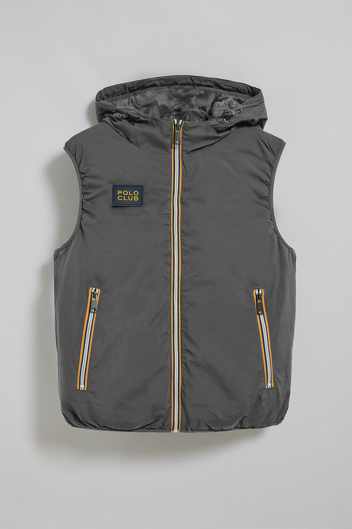 Dark-grey light vest with fixed hood and Polo Club details