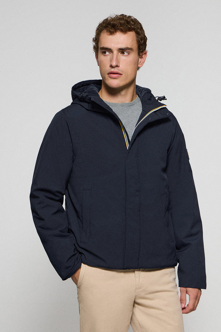 Navy-blue technical jacket with hood and bi-coloured Polo Club patch