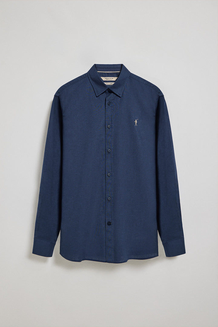 Navy-blue regular-fit shirt in linen and cotton with Rigby Go embroidery