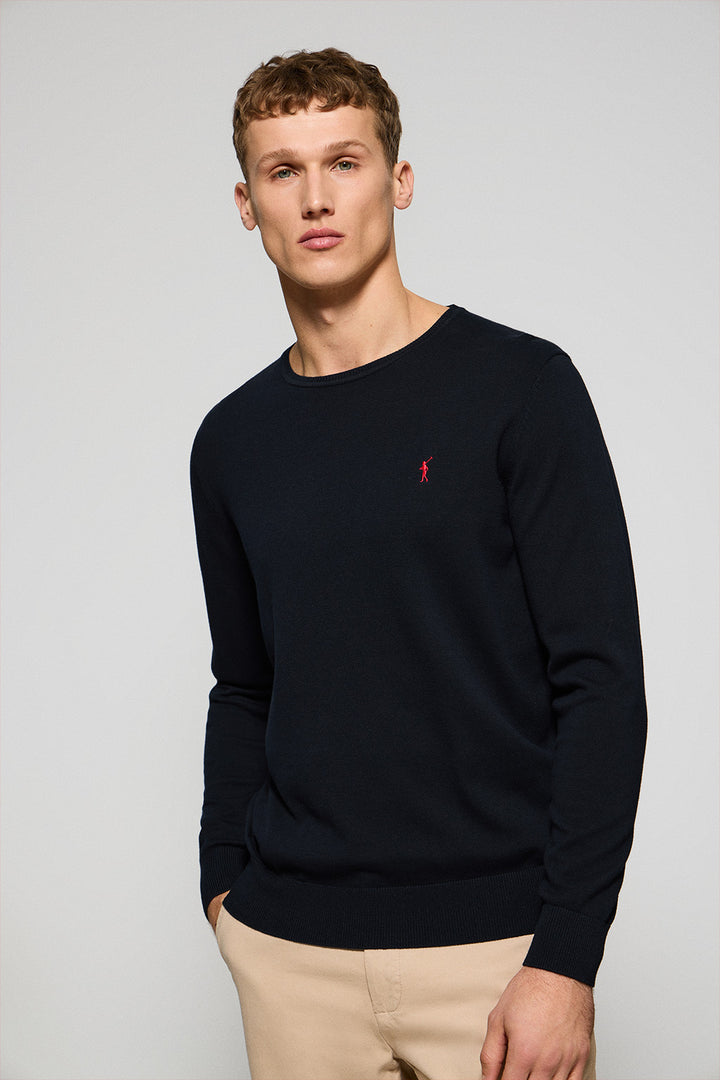 Navy-blue round-neck knit jumper with Rigby Go embroidery