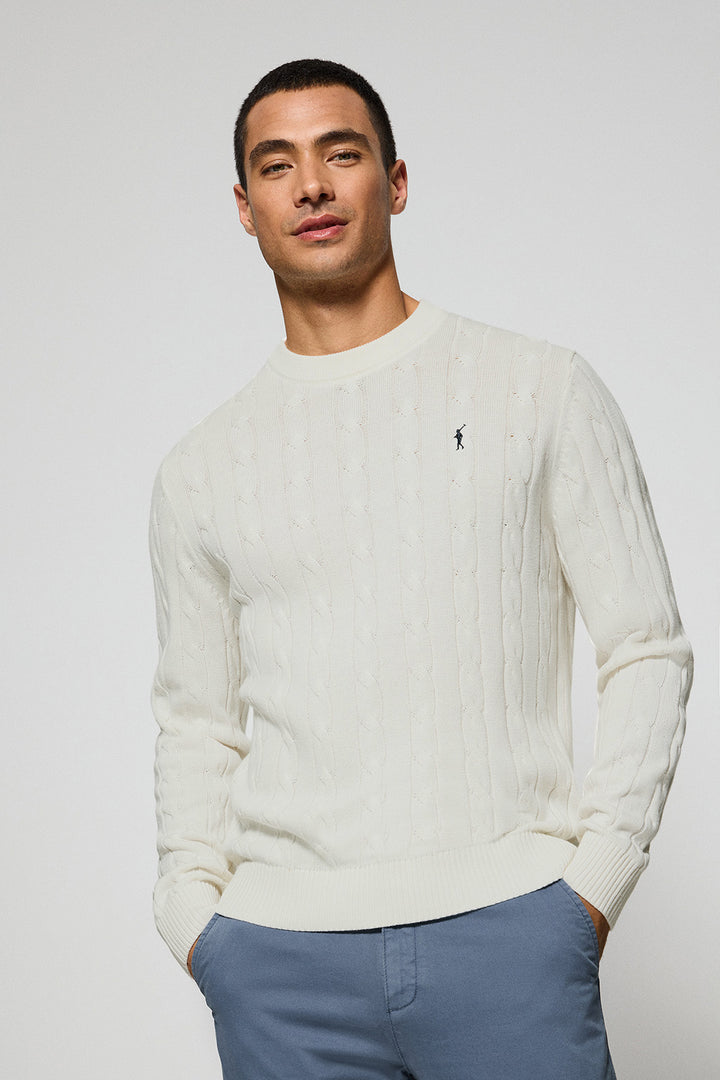 Beige round-neck cable-knit jumper with Rigby Go embroidery