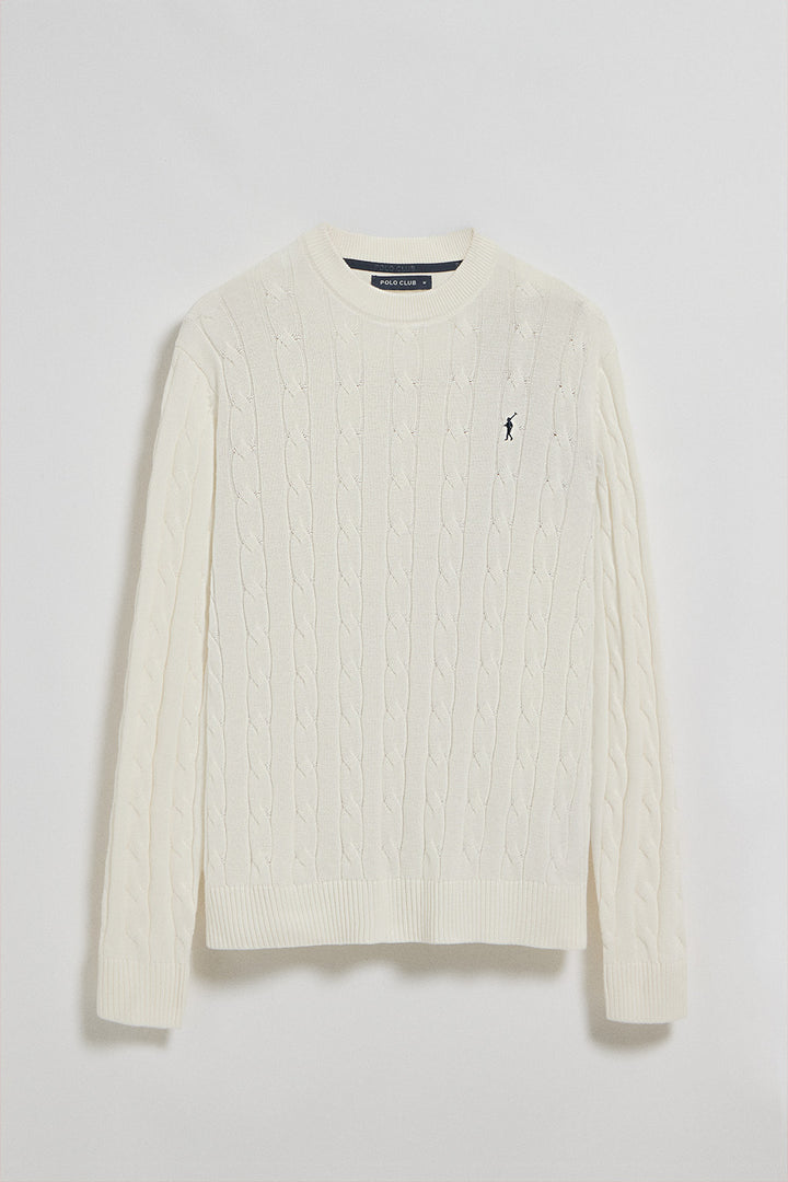 Beige round-neck cable-knit jumper with Rigby Go embroidery