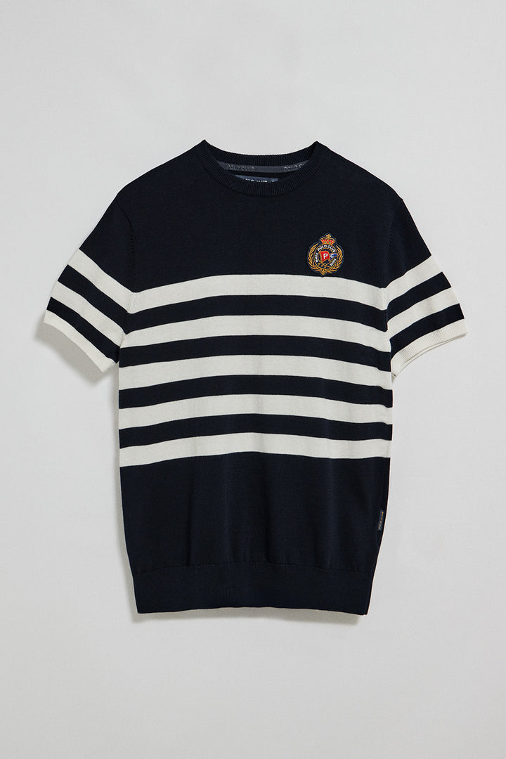 Navy-blue short-sleeve striped jumper with nautical patch