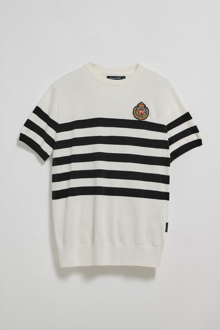 Beige short-sleeve striped jumper with nautical patch