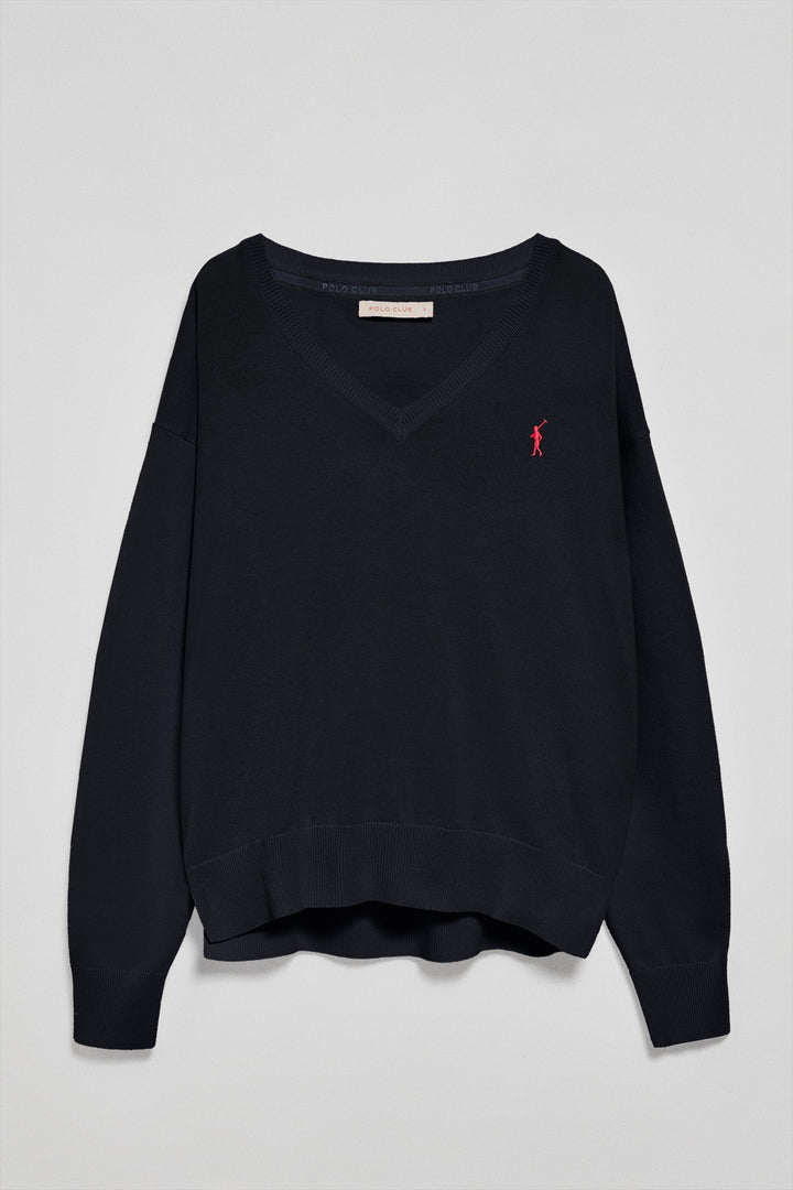 Navy-blue V-neck knit jumper with Rigby Go logo