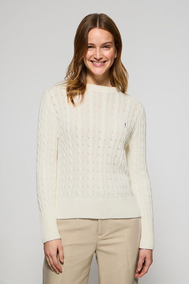 Beige round-neck cable-knit jumper with Rigby Go embroidery