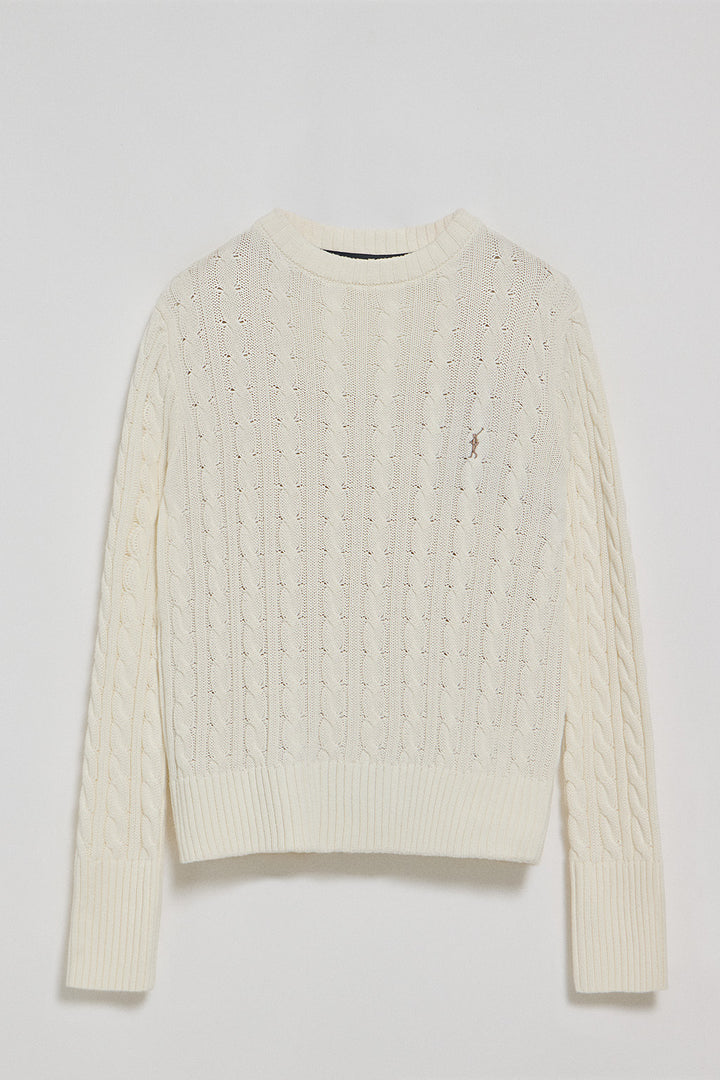 Beige round-neck cable-knit jumper with Rigby Go embroidery