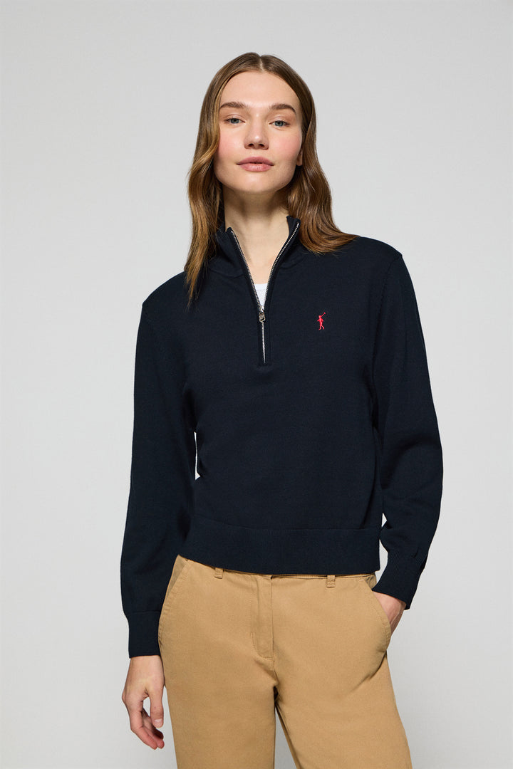 Navy-blue half-zip knit jumper with Rigby Go embroidery