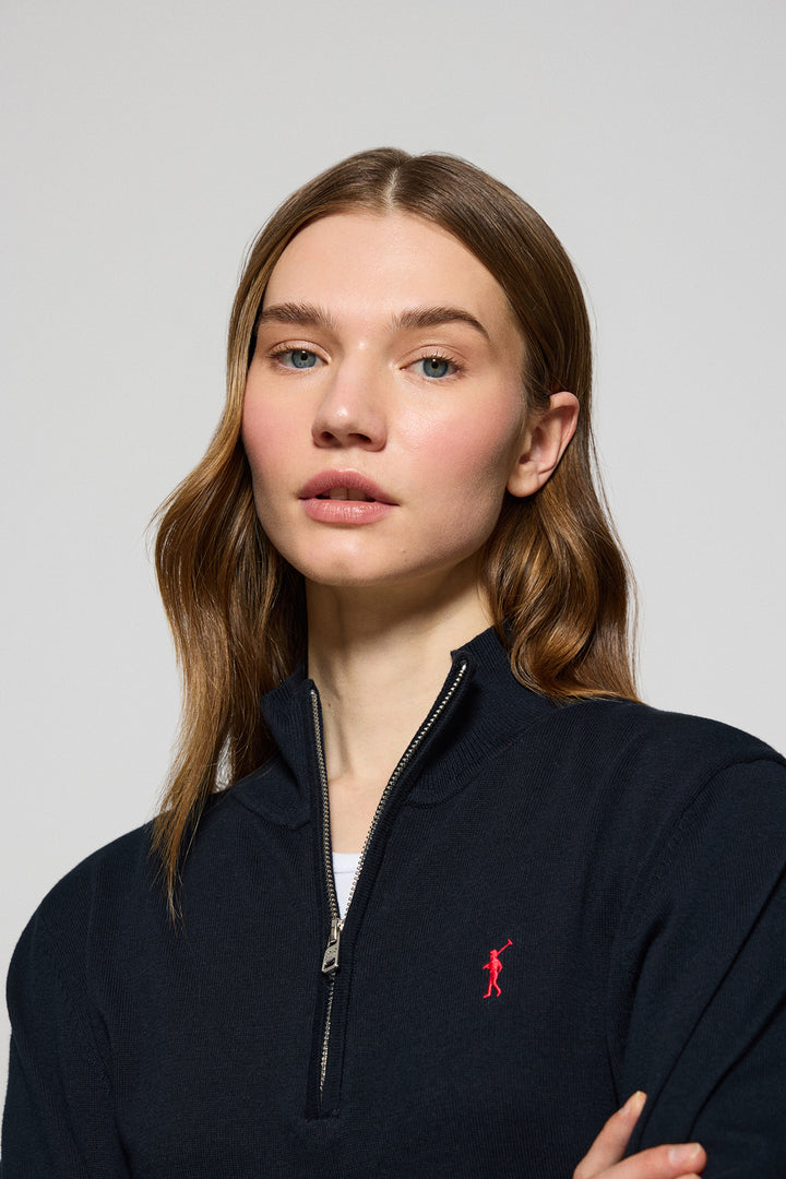 Navy-blue half-zip knit jumper with Rigby Go embroidery