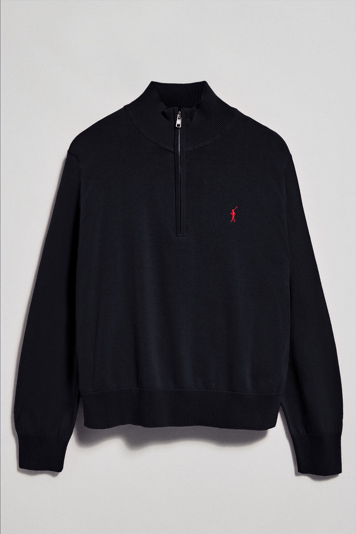 Navy-blue half-zip knit jumper with Rigby Go embroidery