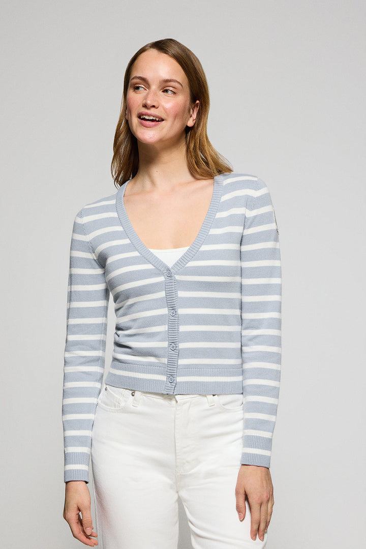 Light-blue striped cardigan with nautical patch