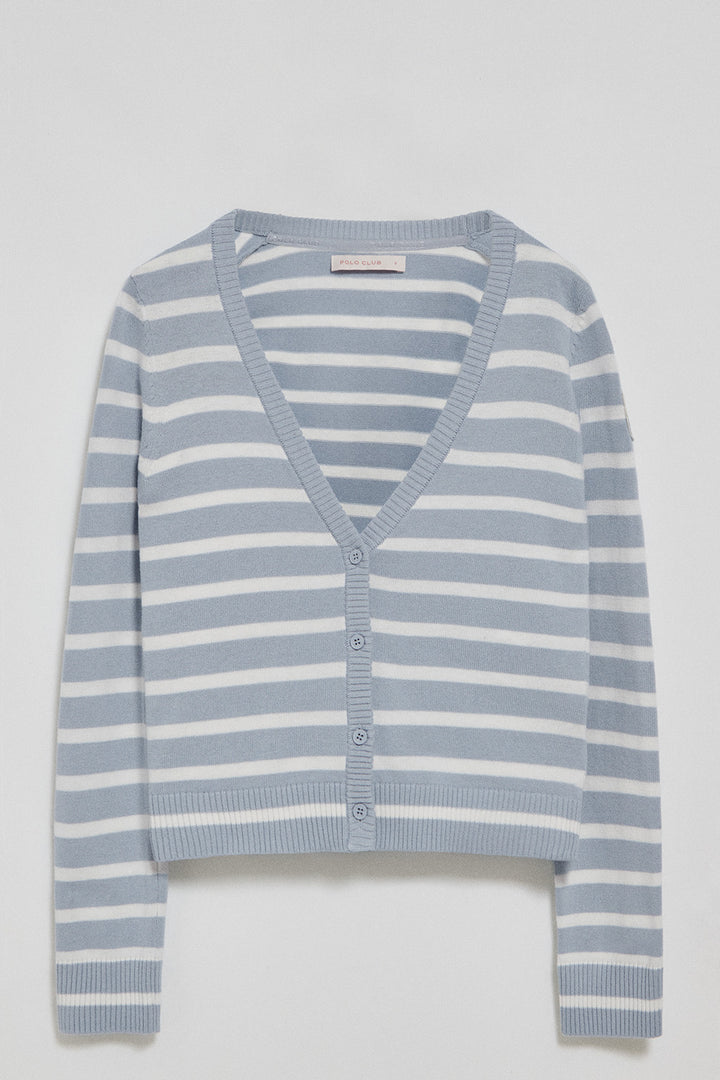 Light-blue striped cardigan with nautical patch