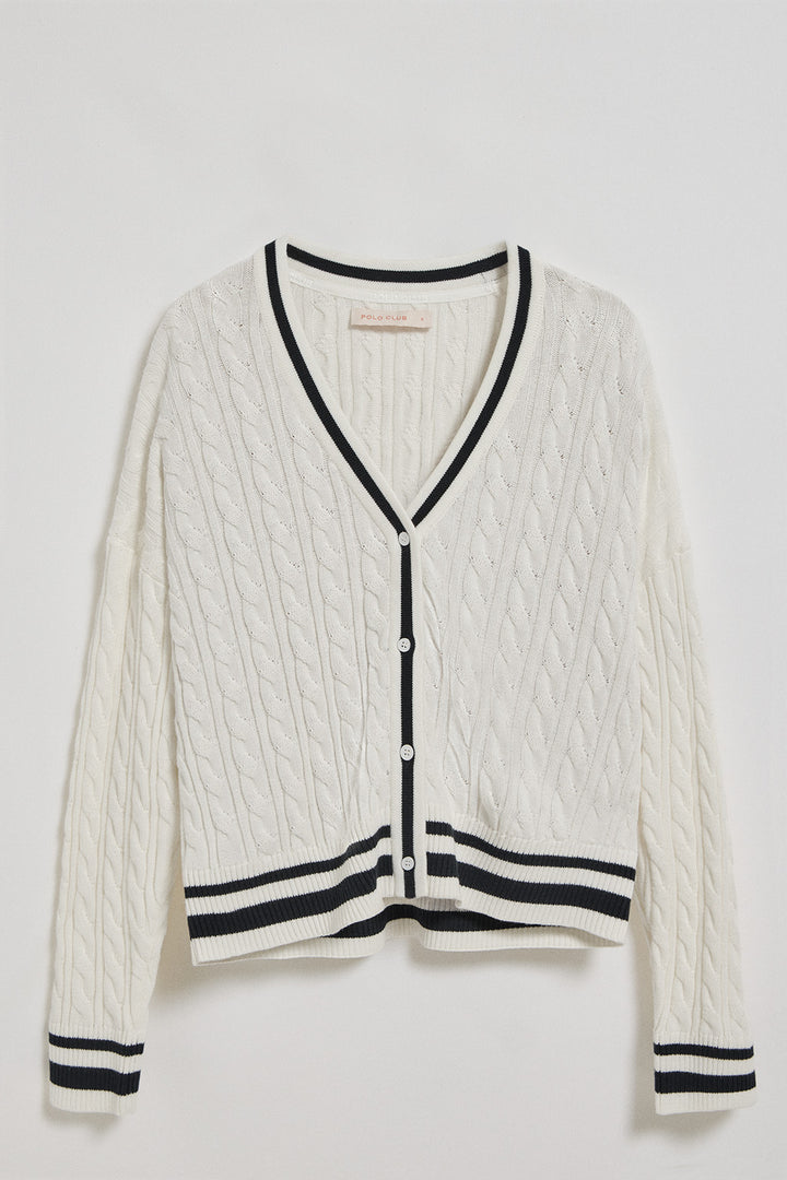 Beige cable-knit short cardigan with buttons and nautical patch