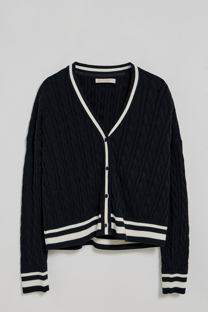 Navy-blue cable-knit short cardigan with buttons and nautical patch