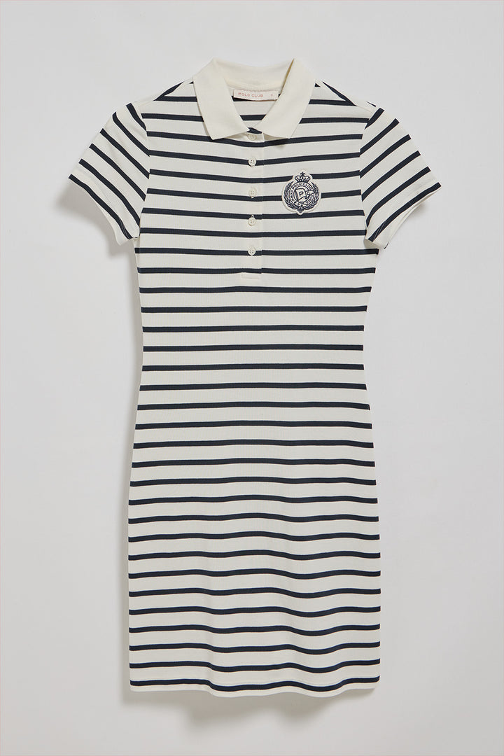 Nude striped polo dress with nautical patch