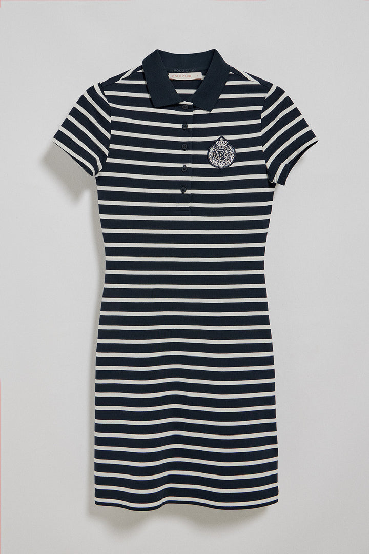 Navy-blue striped polo dress with nautical patch