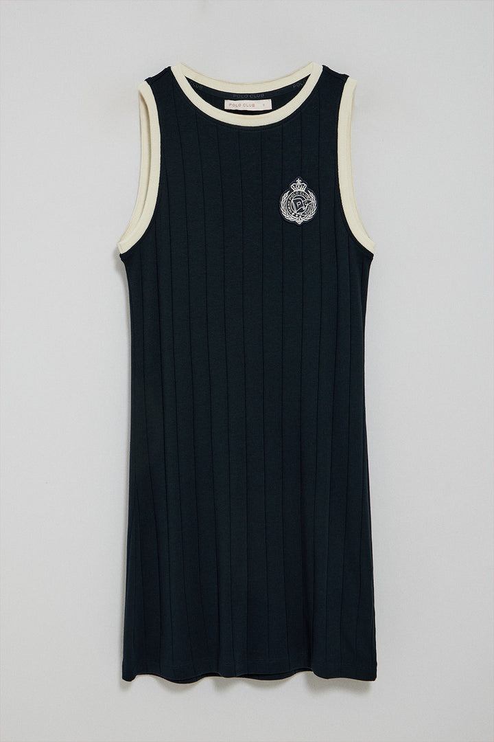 Navy-blue dress with nautical patch